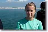 DSC_4199 * Teagan on the ferry with the white cliffs behind